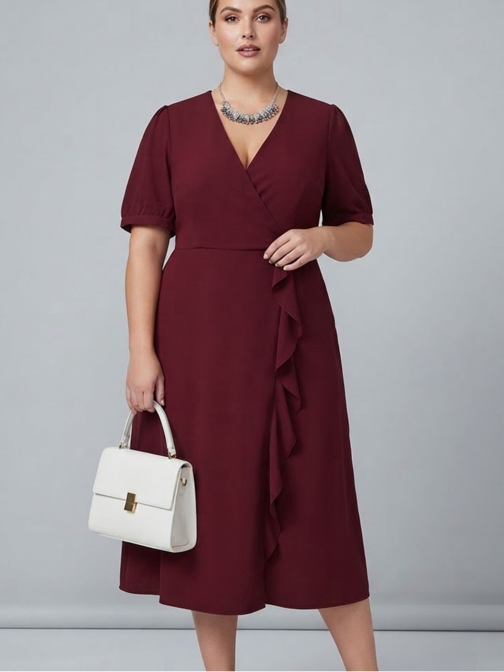 DEX Deep Red Wrap-Style Midi Dress with Ruffle Detail size Large